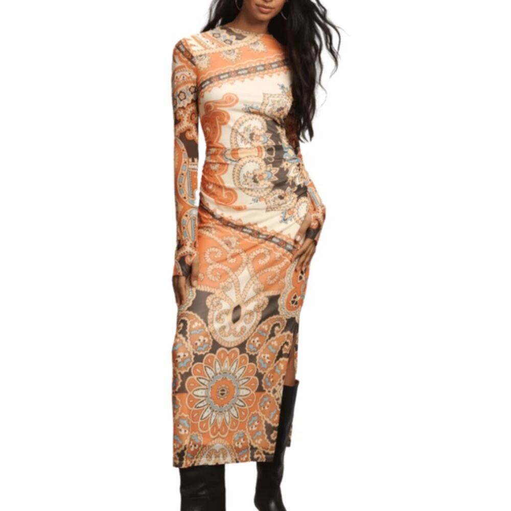 Farm Rio Long-Sleeve Mock-Neck Mesh Slim Midi Dress - Orange Bandana L